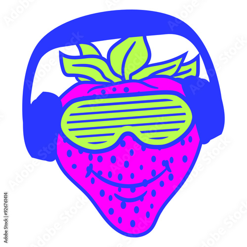Yummy Strawberry Summer Fruit Food Music Party DJ Night Clubbers Raver comic humor cartoon Sunglasses Headphone cool techno dance fun electro sounds lovers like disco rave club festival concert	