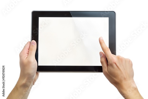 Hands touching blank screen of black tablet computer, isolated on white background