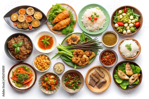 Rich collection of vietnamese dishes, view from above, isolated on white background