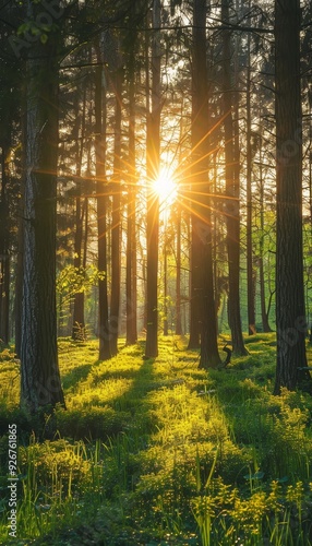 Fototapeta Naklejka Na Ścianę i Meble -  Tranquil spring forest with sunlight, realistic nature beauty captured in stunning photo