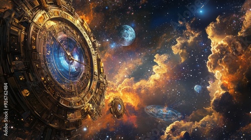 A large clock and other objects in a space setting, AI