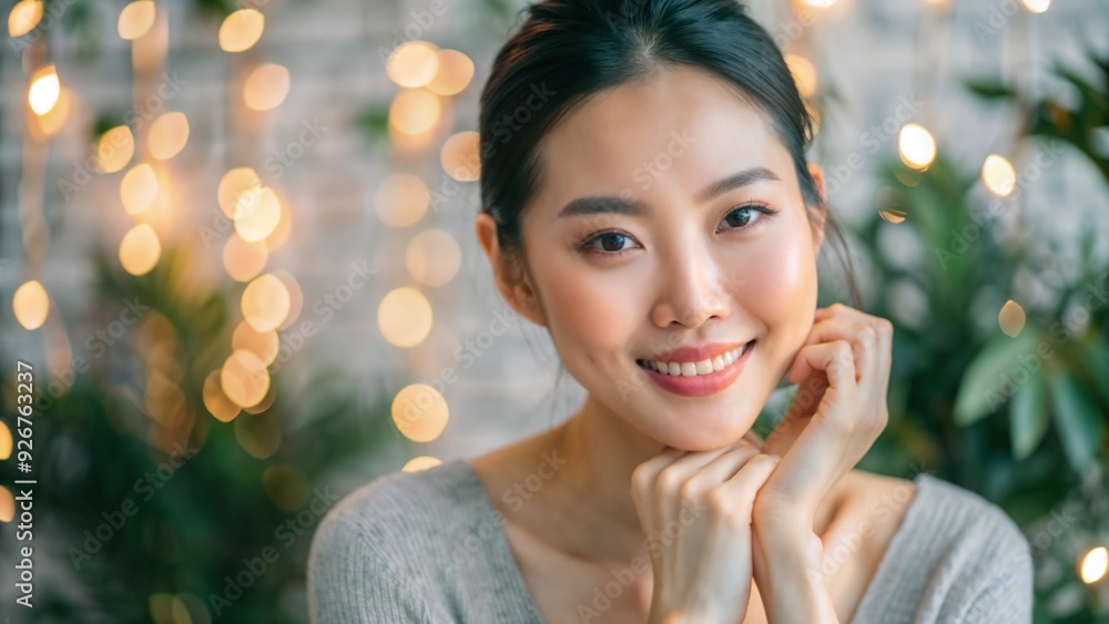 Asian woman with soft smile and hands under chin in cozy indoor setting with bokeh lights Asian woman with soft smile and hands under chin in cozy indoor setting with bokeh lights