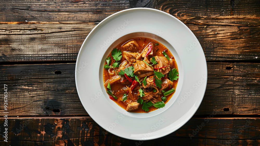 Spicy pork curry with cilantro and chili peppers served on a rustic wooden table Spicy pork curry with cilantro and chili peppers served on a rustic wooden table