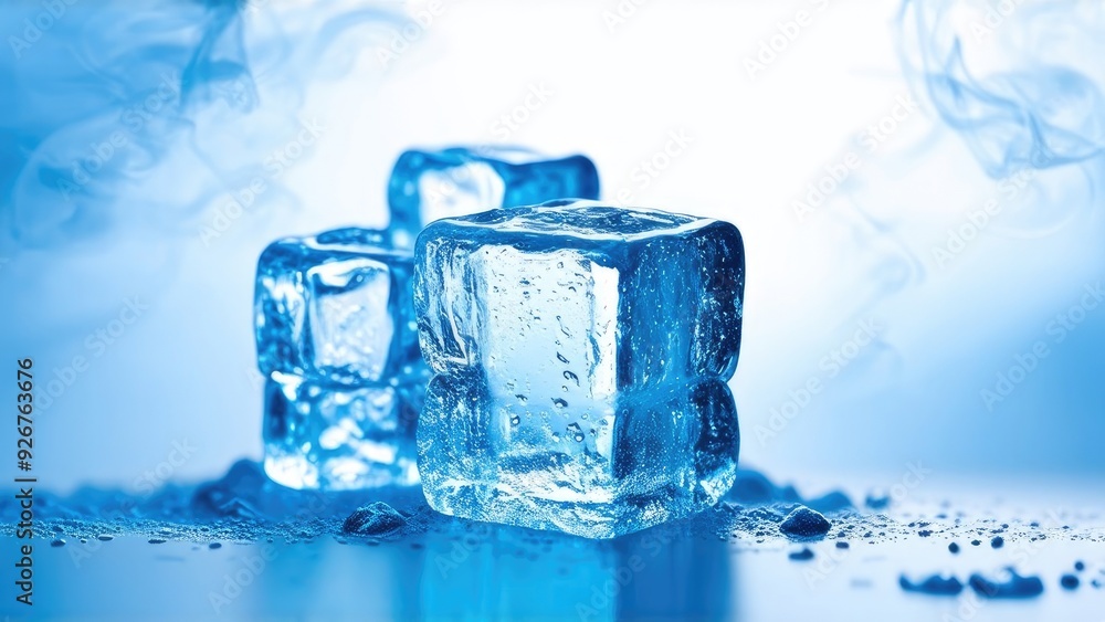 Ice cubes on a blurred blue background, steam around, Ice pyramid. Ice cubes on a blurred blue background, steam around, Ice pyramid.