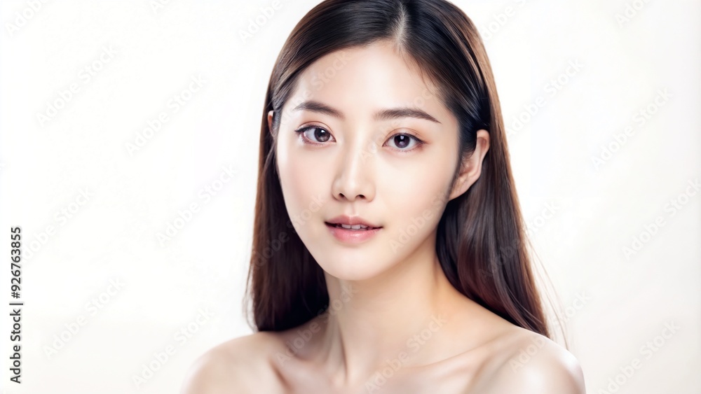 Elegant Asian woman with natural makeup on white background with copy space Elegant Asian woman with natural makeup on white background with copy space