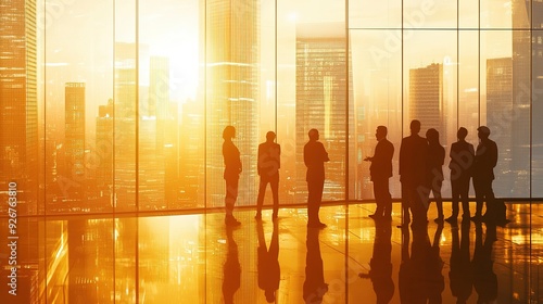 Silhouettes of Business Professionals in a Modern Office Building with a City View