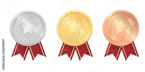3d gold medal, silver medal and bronze medal with red ribbons and stars