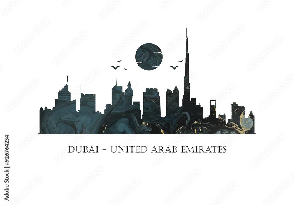 Naklejka premium Dubai - United Arab Emirates - UAE - Skyline - Black and Gold Watercolour 