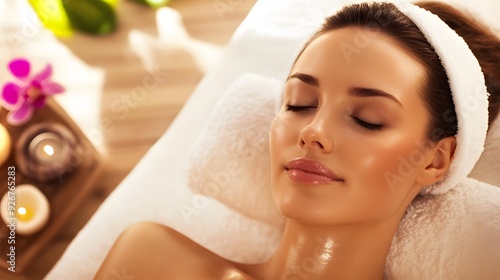 Woman relaxing on a spa table with candles and flowers.