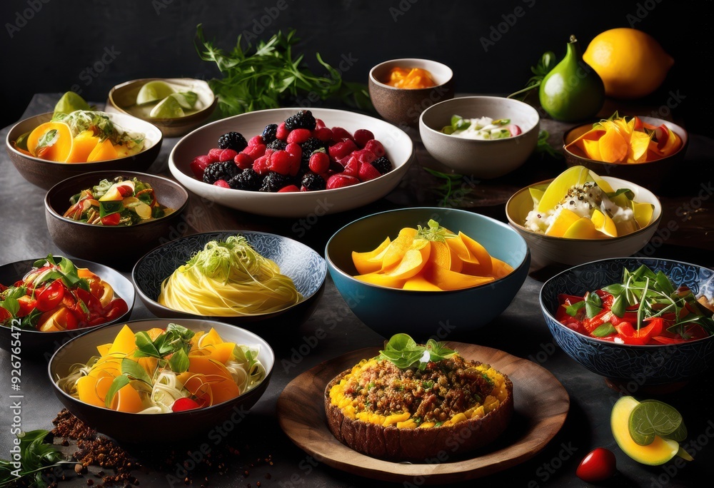 colorful food illustrations highlighting various cooking techniques culinary styles rich textures flavors, art, aesthetics, appetizing, arrangement colorful food illustrations highlighting various cooking techniques culinary styles rich textures flavors, art, aesthetics, appetizing, arrangement