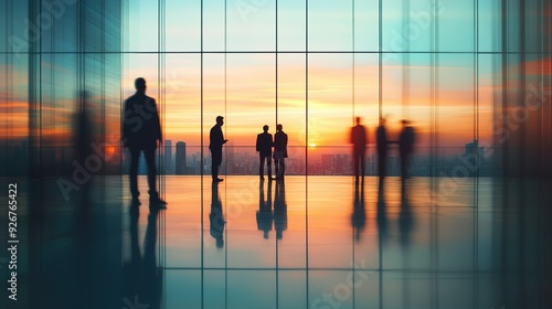 Silhouettes of Business People Admiring a City Sunset from a High-Rise Office