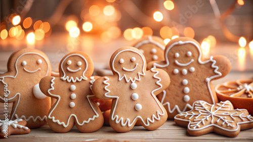 Gingerbread Men Cookies with Icing on Wooden Table and Warm Autumn Bokeh Lights