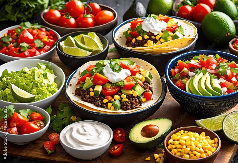 colorful taco spread featuring fresh bold variety toppings delicious culinary experience, vibrant, ingredients, flavors, dish, meal, salsa, guacamole colorful taco spread featuring fresh bold variety toppings delicious culinary experience, vibrant, ingredients, flavors, dish, meal, salsa, guacamole