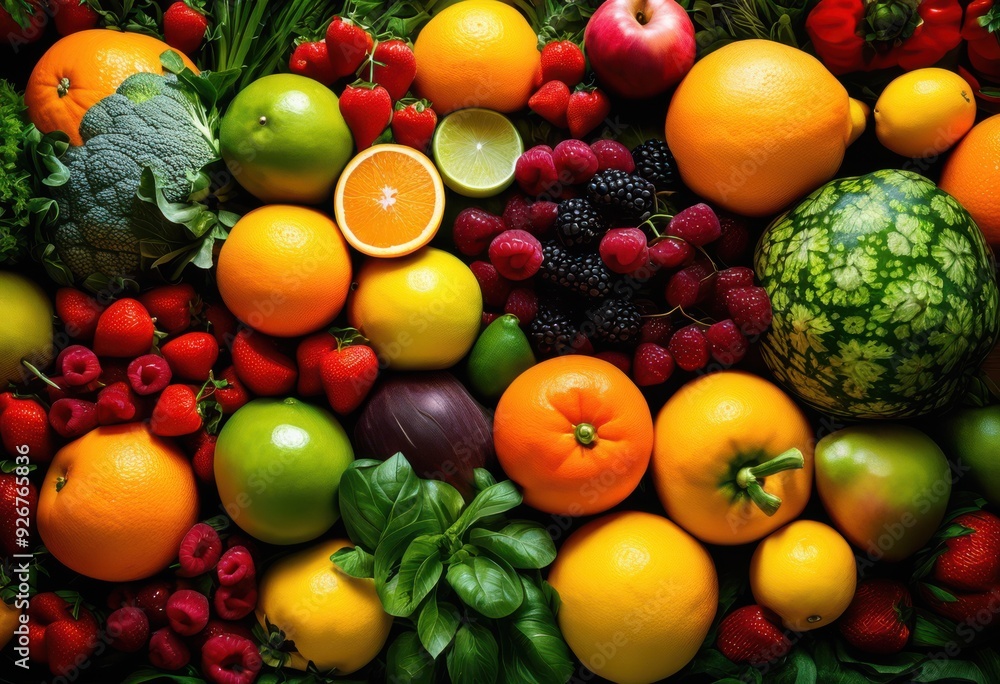 colorful arrangement fresh fruits vegetables displaying vibrant symmetry abundant variety, produce, organic, healthy, nature, harvest, nutrition, food colorful arrangement fresh fruits vegetables displaying vibrant symmetry abundant variety, produce, organic, healthy, nature, harvest, nutrition, food