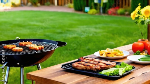 summer time party in backyard garden with grill BBQ, wooden table, blurred background