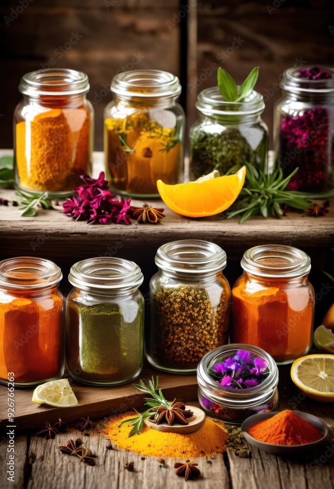 captivating display vibrant spices colorful natural elements arranged organic wood inviting culinary scene, herbs, fresh, aroma, ingredients, rustic, kitchen captivating display vibrant spices colorful natural elements arranged organic wood inviting culinary scene, herbs, fresh, aroma, ingredients, rustic, kitchen