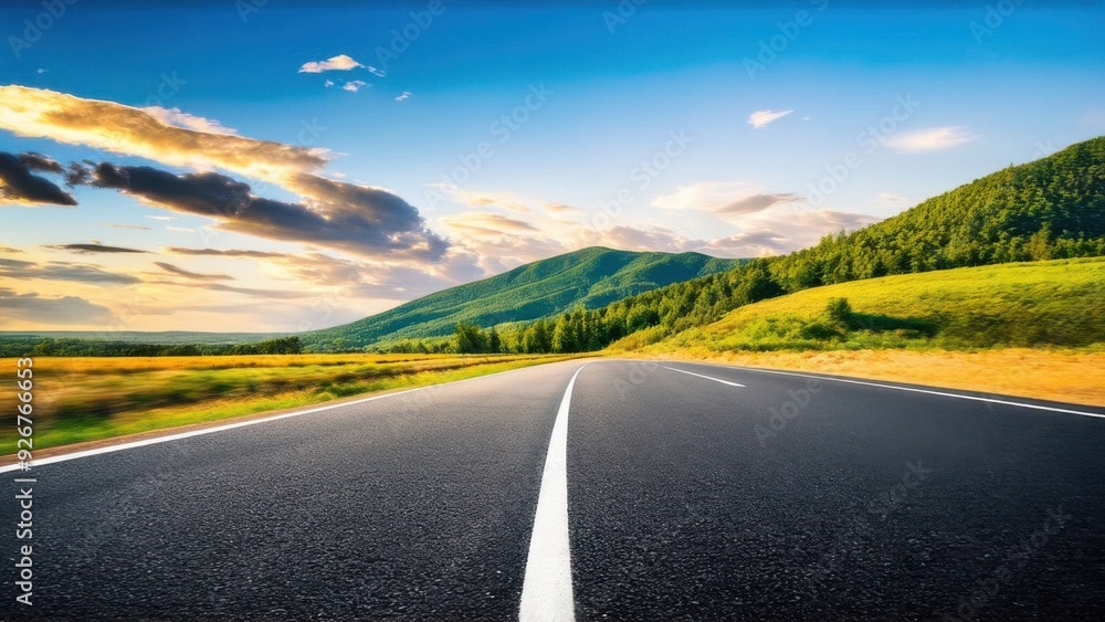 Naklejka premium Asphalt highway road and green mountain with sky clouds at sunset