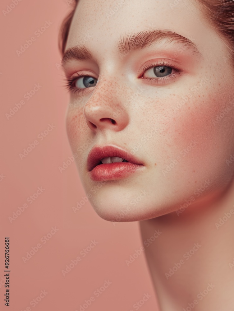 Freckled redhead girl's serene close-up portrait with soft neutral background and natural beauty Freckled redhead girl's serene close-up portrait with soft neutral background and natural beauty
