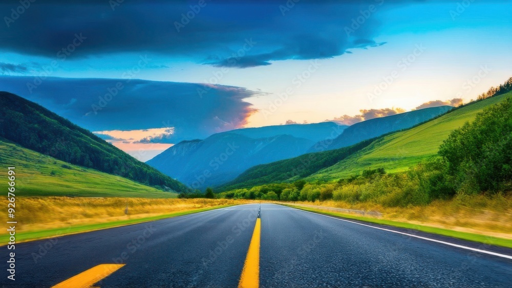 Fototapeta premium Asphalt highway road and green mountain with sky clouds at sunset