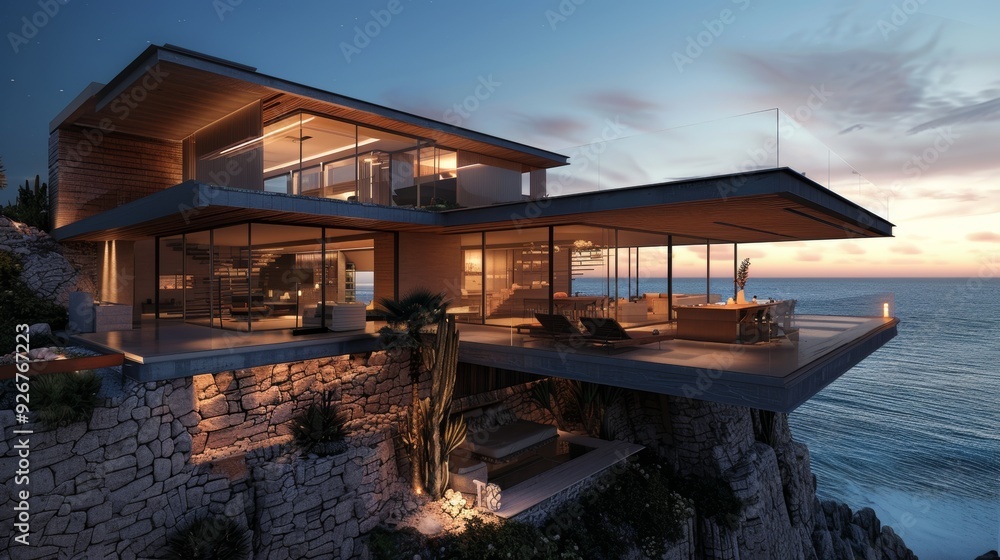 Luxurious modern cliffside home with wood, stone, and glass elements offering stunning coastal views Luxurious modern cliffside home with wood, stone, and glass elements offering stunning coastal views