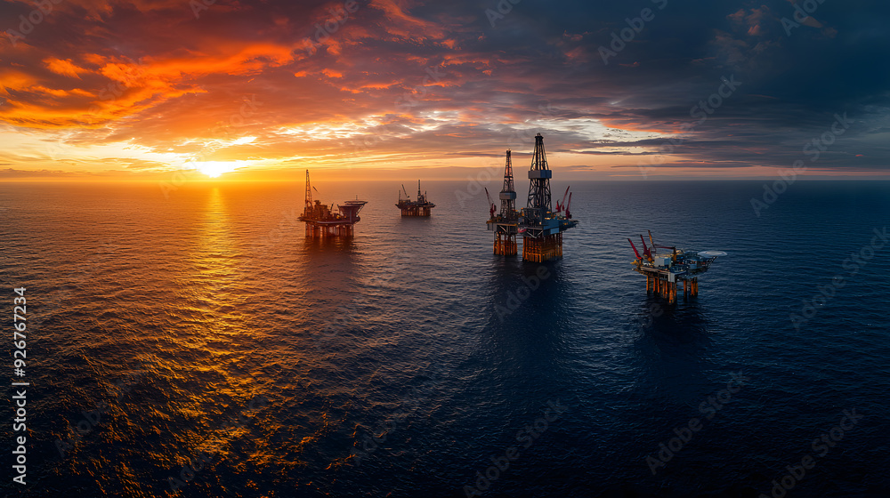 Fototapeta premium Dramatic sunset over offshore oil platforms in the ocean.