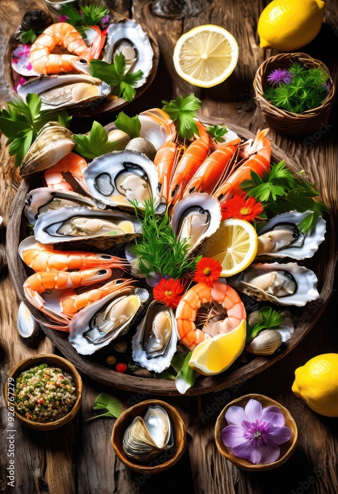 colorful vibrant seafood spread displayed rustic natural wood surface featuring array fresh garnishes, shellfish, fish, shrimp, lobster, crab, oysters colorful vibrant seafood spread displayed rustic natural wood surface featuring array fresh garnishes, shellfish, fish, shrimp, lobster, crab, oysters