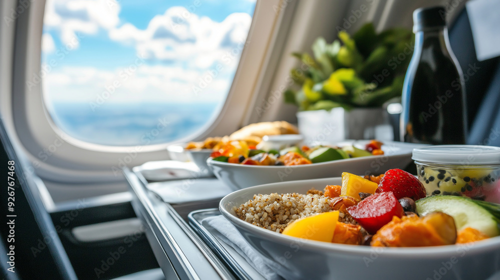 Quinoa, roasted vegetables, and fruit salad on an airplane tray, against a sky view Quinoa, roasted vegetables, and fruit salad on an airplane tray, against a sky view