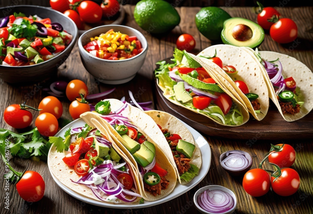 vibrant taco spread featuring colorful ingredients diverse textures fresh toppings flavorful experience, salsa, vegetable, pepper, onion, tomato, lime, corn vibrant taco spread featuring colorful ingredients diverse textures fresh toppings flavorful experience, salsa, vegetable, pepper, onion, tomato, lime, corn