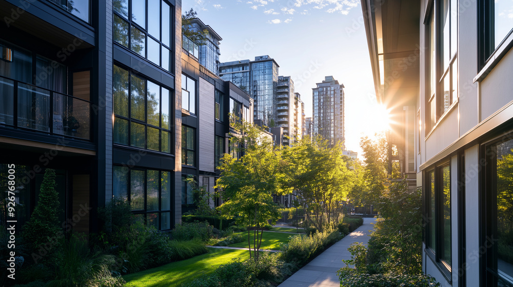 A city block featuring eco-friendly buildings with large windows for natural light, surrounded by green parks and clean energy sources A city block featuring eco-friendly buildings with large windows for natural light, surrounded by green parks and clean energy sources