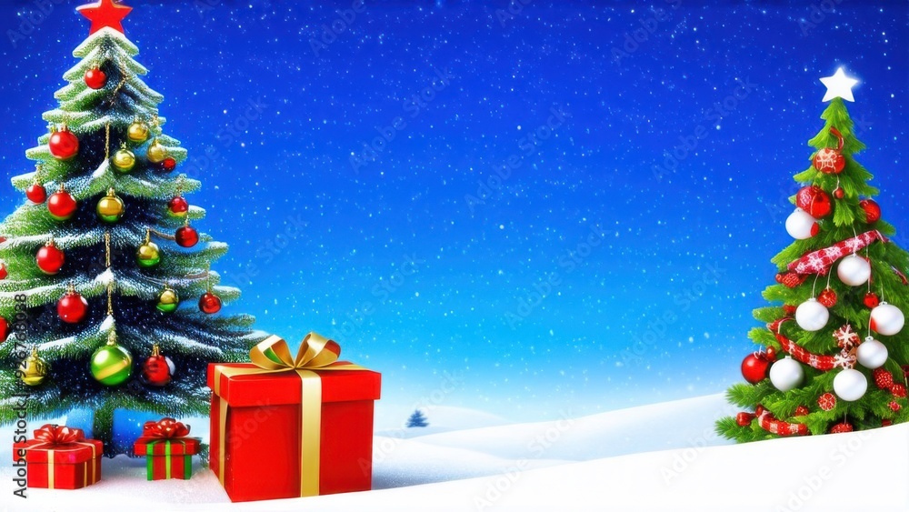 Obraz premium Beautiful decorated christmas tree with present boxes in a winter landscape with snow