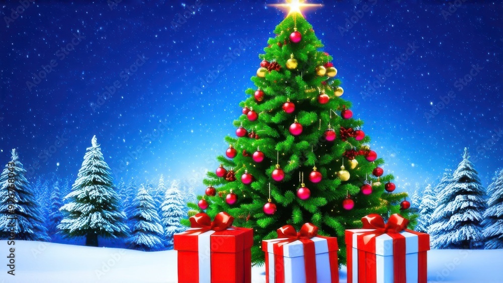 Beautiful decorated christmas tree with present boxes in a winter landscape with snow Beautiful decorated christmas tree with present boxes in a winter landscape with snow