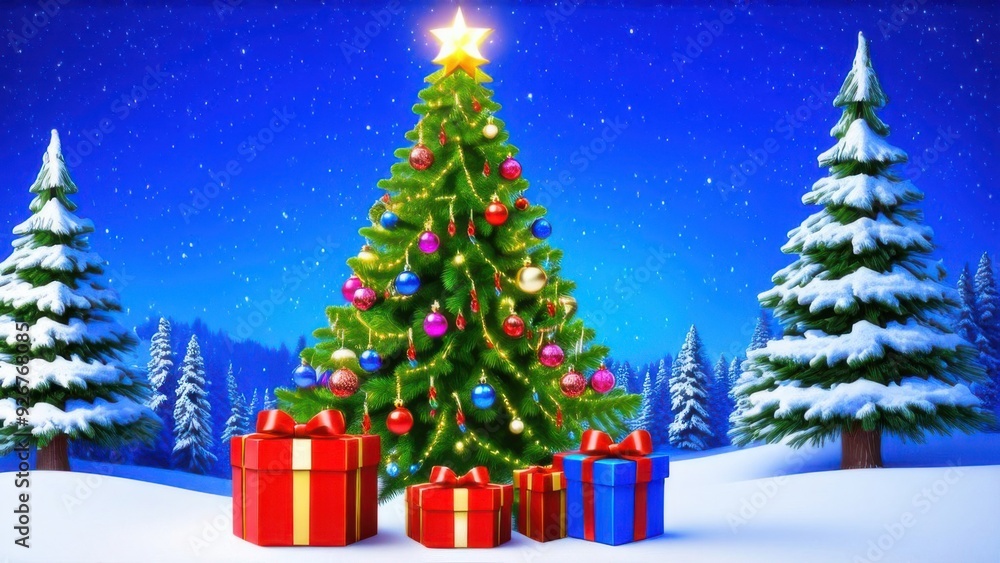 Obraz premium Beautiful decorated christmas tree with present boxes in a winter landscape with snow