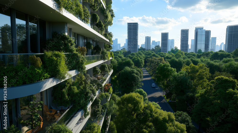 A green urban environment where buildings are integrated with nature, featuring energy-efficient designs and surrounded by trees and parks A green urban environment where buildings are integrated with nature, featuring energy-efficient designs and surrounded by trees and parks