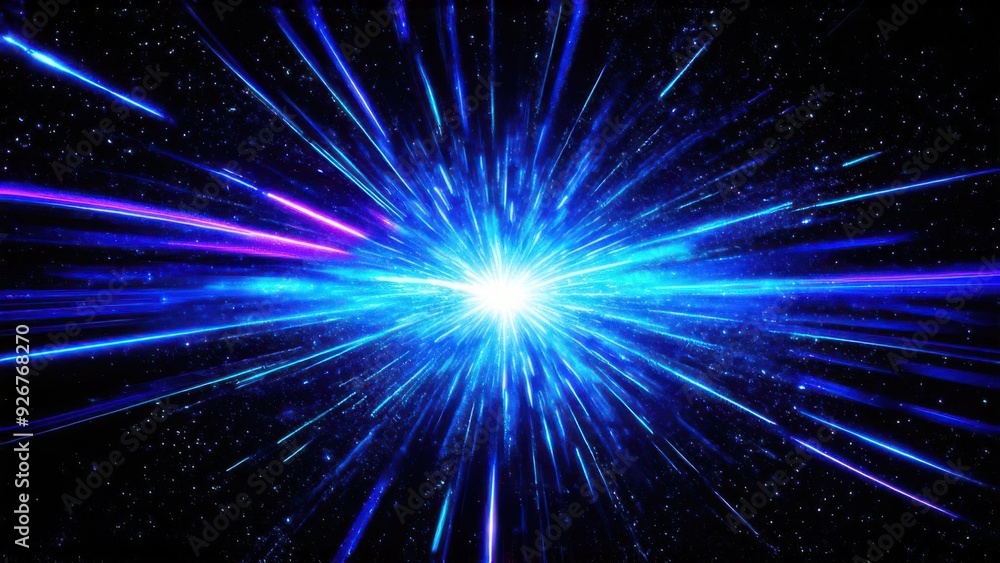 Naklejka premium Abstract background in blue and purple neon glow colors on black. Speed of light in galaxy. Explosion in universe. Cosmic background for event, party, carnival, celebration, anniversary or other