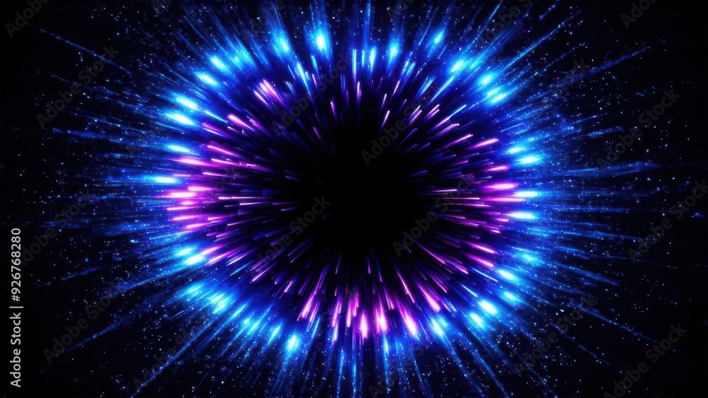 Abstract background in blue and purple neon glow colors on black. Speed of light in galaxy. Explosion in universe. Cosmic background for event, party, carnival, celebration, anniversary or other Abstract background in blue and purple neon glow colors on black. Speed of light in galaxy. Explosion in universe. Cosmic background for event, party, carnival, celebration, anniversary or other