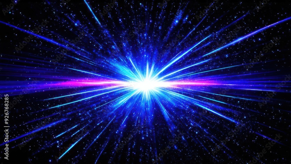 Fototapeta premium Abstract background in blue and purple neon glow colors on black. Speed of light in galaxy. Explosion in universe. Cosmic background for event, party, carnival, celebration, anniversary or other