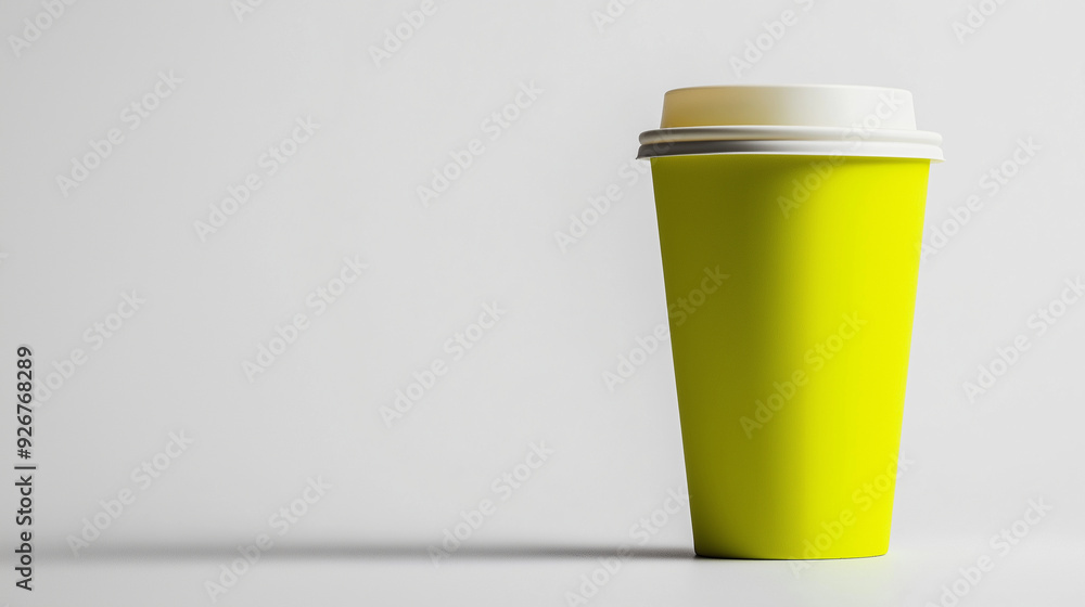 A vibrant yellow disposable coffee cup with a secure lid, standing upright on a clean white background A vibrant yellow disposable coffee cup with a secure lid, standing upright on a clean white background
