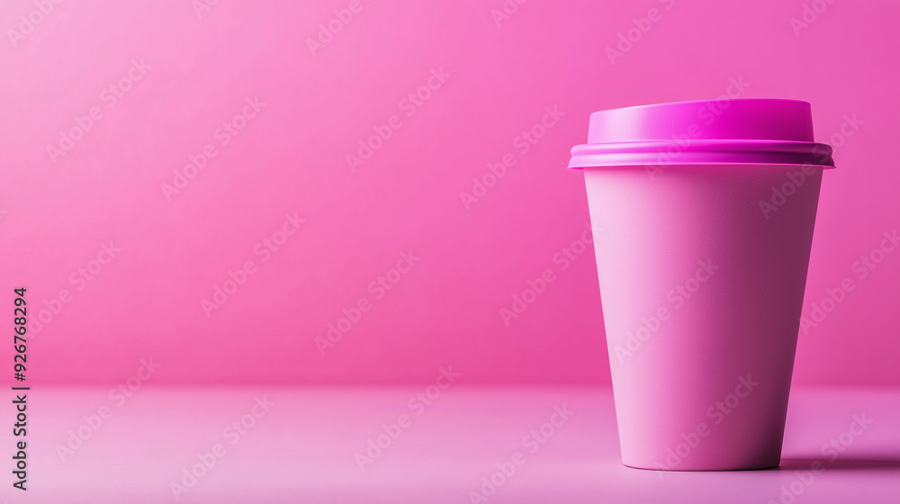 A close-up of a bright pink disposable coffee cup with a secure lid, isolated on a soft pastel background A close-up of a bright pink disposable coffee cup with a secure lid, isolated on a soft pastel background