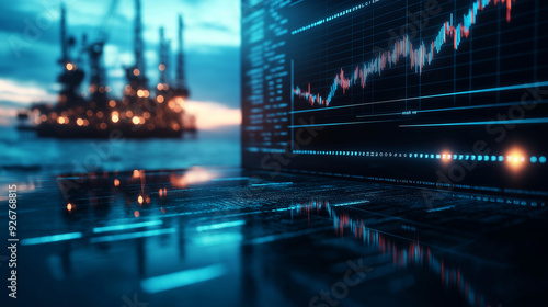 Barrels of oil beside a stock chart spiking upwards, with offshore rigs lit by the fading light of sunset, representing the highs and lows of the oil market photo