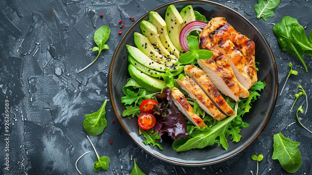 Balanced plate fresh salad, lean proteins, low carb selection, grilled chicken, and avocado display Balanced plate fresh salad, lean proteins, low carb selection, grilled chicken, and avocado display