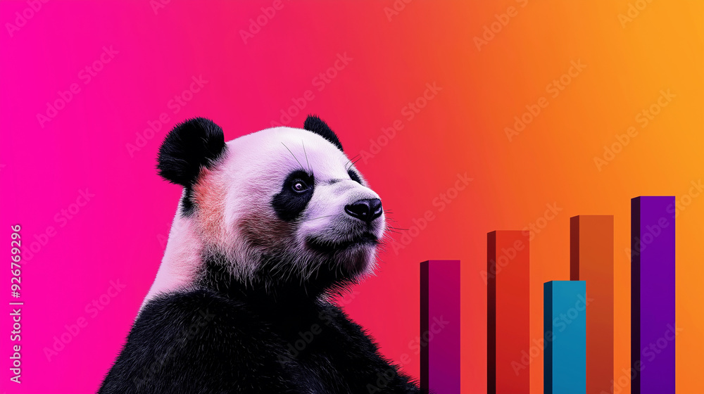 Naklejka premium A panda amidst colorful bar charts, representing the efficiency and simplicity of using Pandas for data analysis