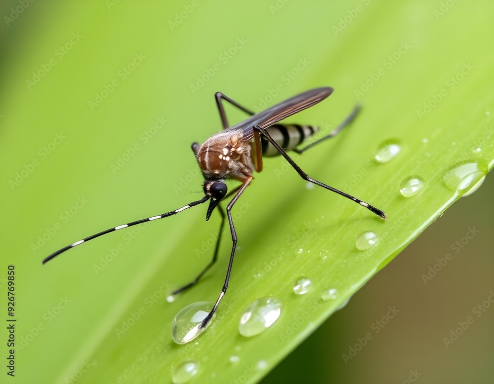 A close-up of a mosquito with its long proboscis extended, perched on a green leaf with water droplets create with ai A close-up of a mosquito with its long proboscis extended, perched on a green leaf with water droplets create with ai