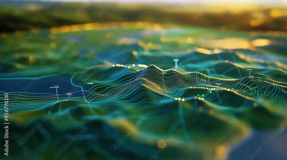 A modern 3D map terrain, displaying detailed GIS geodata with elevation ...