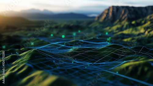 A digital 3D terrain map with layered GIS geodata, emphasizing elevation and topographic details for advanced analysis photo