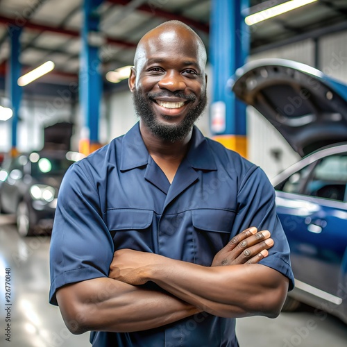 Portrait of happy African American auto mechanic in a workshop.