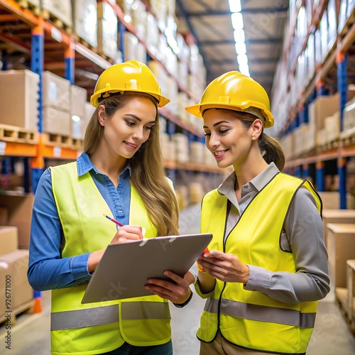 Female warehouse workers going through shipment list before the delivery.