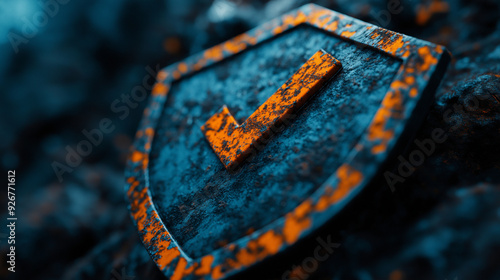 A weathered shield with rust detailing, with a bold, digital checkmark in the center, illustrating Rustâs strength in preventing memory errors photo