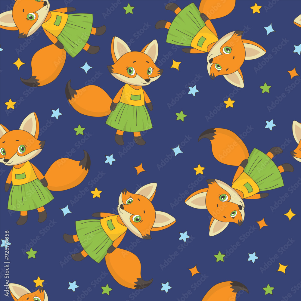 Vector seamless pattern with cute fox in dress on a dark blue background with stars Vector seamless pattern with cute fox in dress on a dark blue background with stars