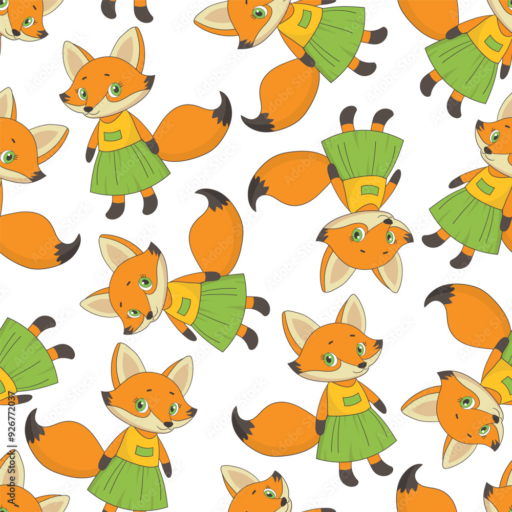 Vector seamless pattern with cute fox in dress on white background Vector seamless pattern with cute fox in dress on white background
