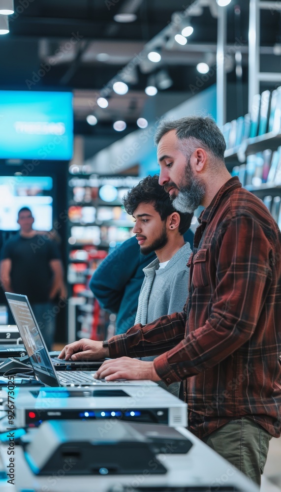 Father and Son Shopping for a New Laptop in a Modern Electronics Store, Making Thoughtful Comparisons Father and Son Shopping for a New Laptop in a Modern Electronics Store, Making Thoughtful Comparisons
